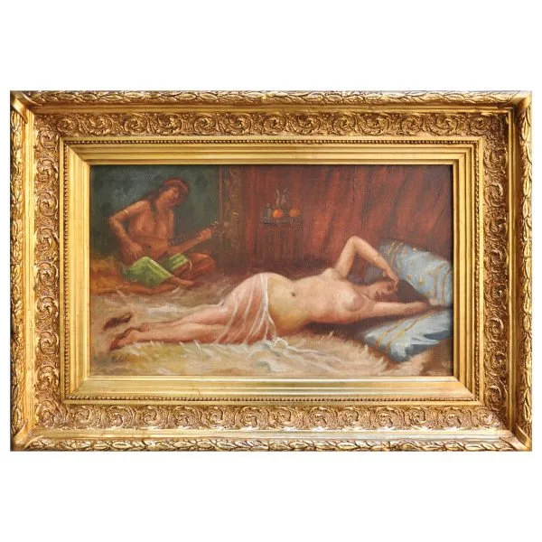 Celile Hikmet (1880-1956) - Türk Kadın Ressam - Tuval Üzerine Yağlıboya Tablo - "Nü Kadın" - İmzalı (sol alt) - 'Celile' - 36.00 x 60.00 cm