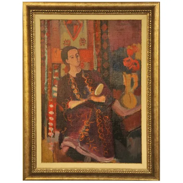 Eren EYÜBOĞLU (1907-1988) - Türk Kadın Ressam - Ahşap Üzerine Yağlıboya Tablo - "Oturan Kadın" - İmzalı ve Tarihli (sol üst) 'Eren Eyüboğlu 1984' - 100x70cm