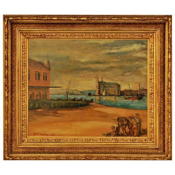 Hüseyin Bilişik (1923-2004) - Türk Ressam - KontrPlak Üzerine Yağlıboya Tablo - "Kadıköyden Haydarpaşa" - İmzalı ve Tarihli (sol alt) 'Hüseyin 47' - 34.00 x 46.00 cm