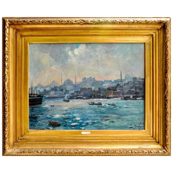 İbrahim Safi (1898-1983) - Azerbaycanlı Ressam - Tuval Üzerine Yağlıboya Tablo - "İstanbul Boğazı Mavi" - İmzalı ve Tarihli (sağ alt) 'İ. Safi 957-59' - 50.00 x 65.00 cm