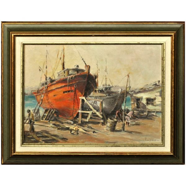 Ivan Georgiev | Иван Георгиев (1933-2008) Bulgar Ressam - Tuval Üzeri Yağlıboya Tablo - "Balıkçı Kayıkları" - İmzalı ve Tarihli 'Георгиев 2000' - 30 x 40 cm