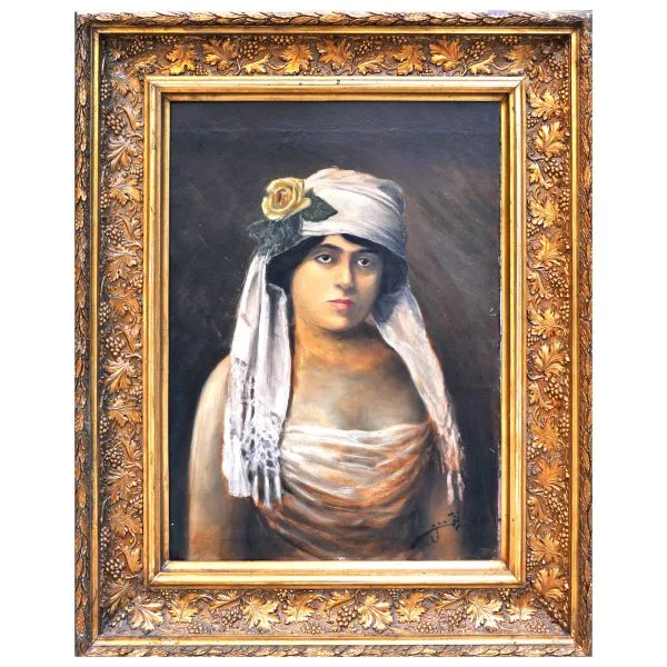 Rafet Başokçu (1885-1950) - Türk Ressam - Karton Üzerine Yağlıboya Tablo - "Kadın Portresi" - İmzalı (sağ alt) 'Eski Türkçe' - 70.00 x 50.00 cm