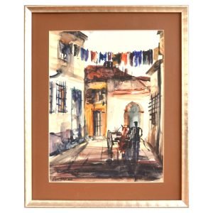 Figen Kaya (1959-) - Türk Kadın Ressam - Kağıt Üzeri Suluboya Tablo - "Balatta Sokak" - İmzalı ve Tarihli (sol alt) 'figen kaya 2010' - 42 x 32 cm