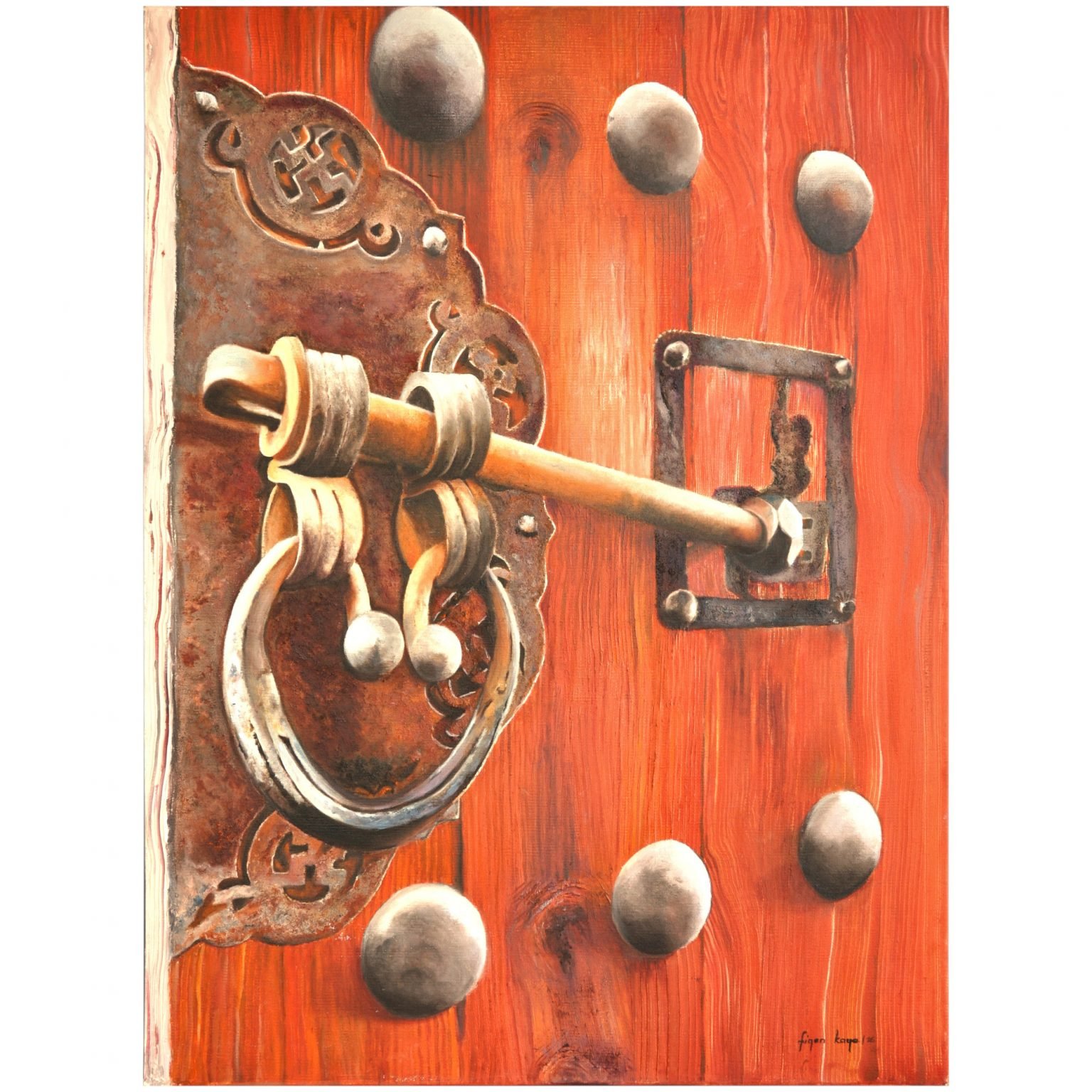 Figen Kaya (1959-) - Türk Kadın Ressam - Tuval Üzeri Yağlıboya Tablo - "Eski Kapı" - İmzalı ve Tarihli (sağ alt) 'figen kaya 16' (2016) - 73 x 53 cm