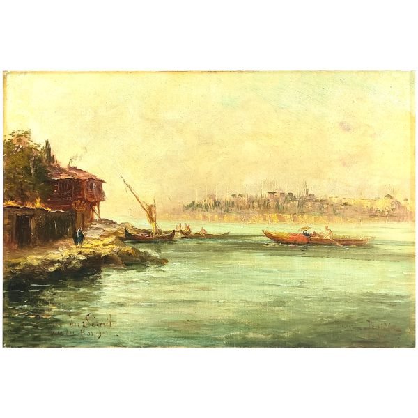 François Léon Prieur-Bardin - Fransız Oryantalist Ressam - Tuval Üzeri Yağlıboya Tablo - "Boğaz" - İmzalı ve Tarihli (sağ alt) 'Prieur-Bardin 1904' - 27x41cm -2-