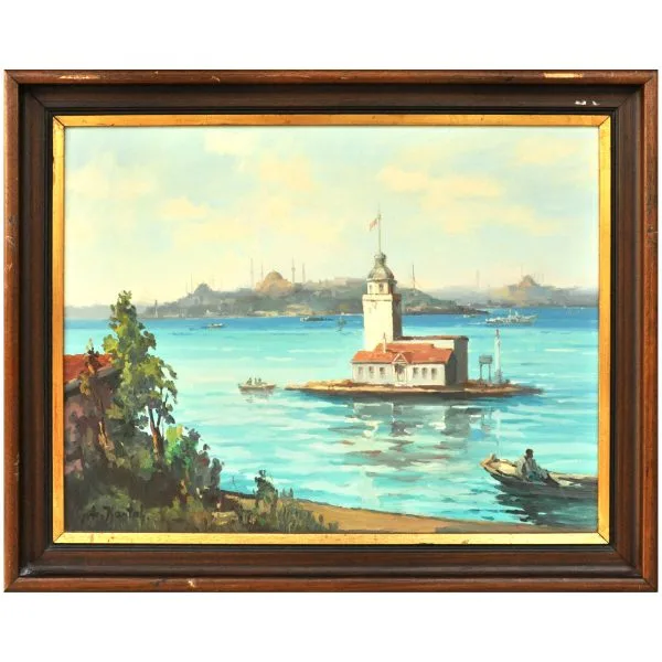 Ali Kartal (1945-) - "Kız Kulesi" - İmzalı 'Ali Kartal' (sol alt) - Tuval Üzerine Yağlıboya - 50.00 x 65.00 cm