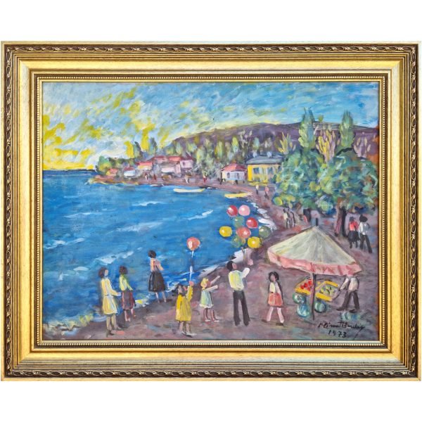 Nimet Berdan - Türk Kadın Ressam - Akçayda Sabah - İmzalı ve Tarihli 'Nimet Berdan 1973' (sağ alt) - Duralit Üzerine Yağlıboya - 50.00 x 65.00 cm